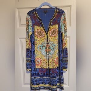 Hale Bob Multicolor Long Sleeve Printed Dress - Blue, Yellow, Turquoise, Orange
